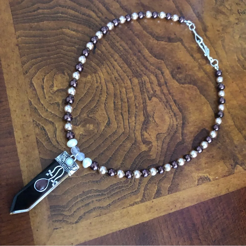 Handcrafted repurpose Tiger eye stone pendant Czech glass Pearl necklace